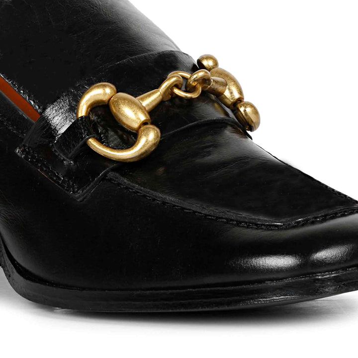 Best Saint Valentina black leather block-heel Moccasins, close-up detail of gold horsebit trim — Women's Ladies shoes UK