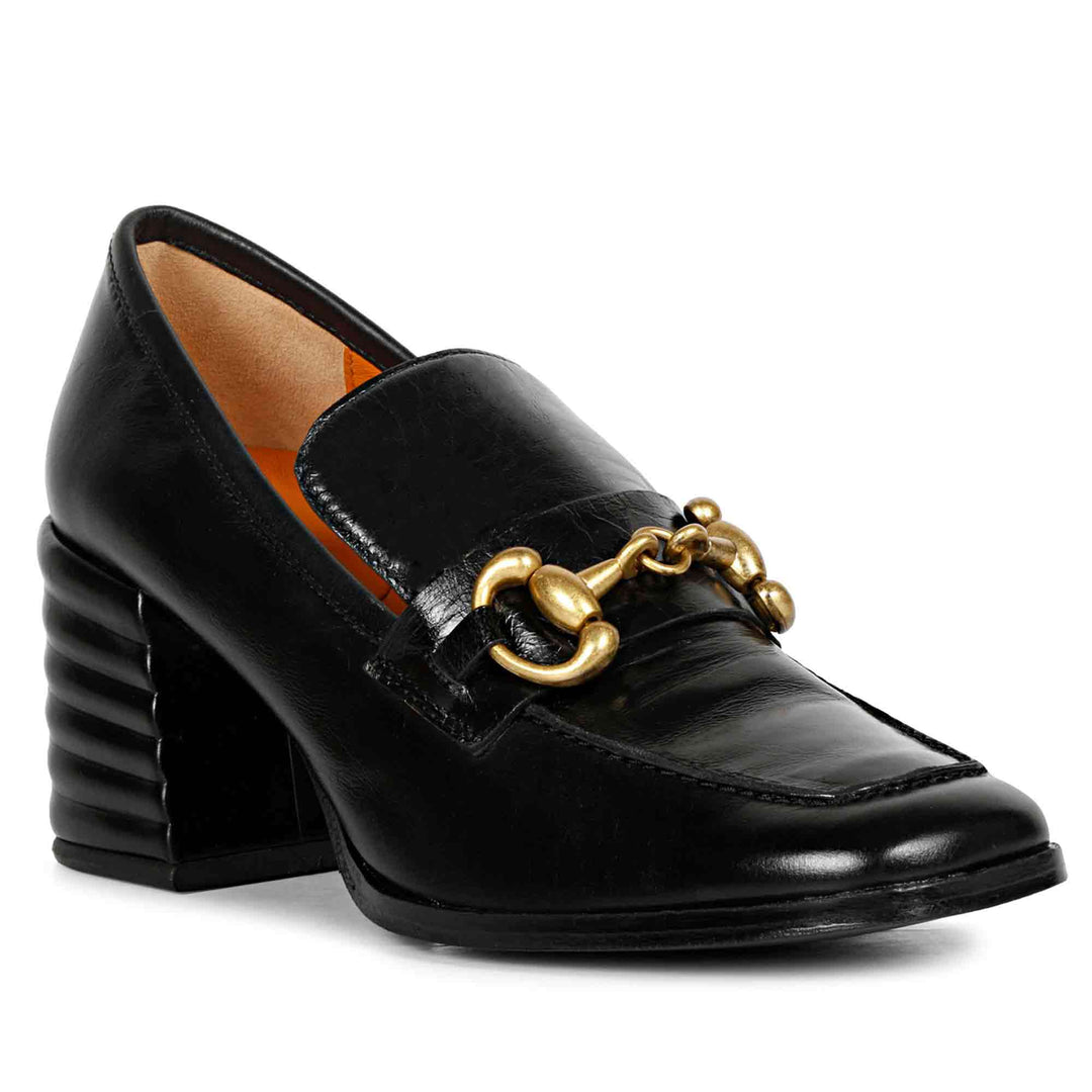 Women's Saint Valentina black leather block-heel Moccasins, front three-quarter view — best Ladies shoes UK