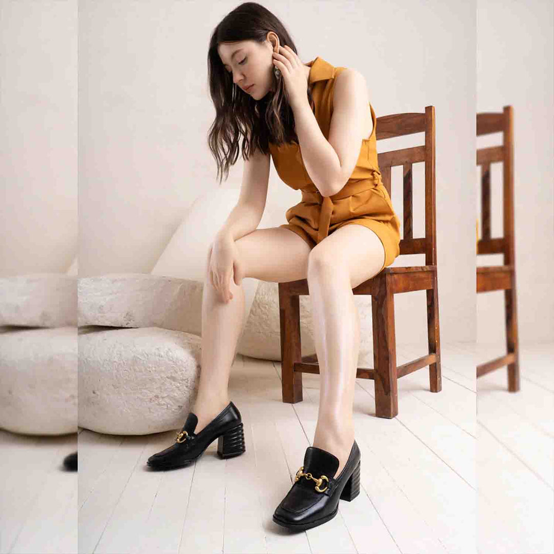 Ladies Saint Valentina black leather block-heel Moccasins, styled lifestyle shot — best Women's shoes UK