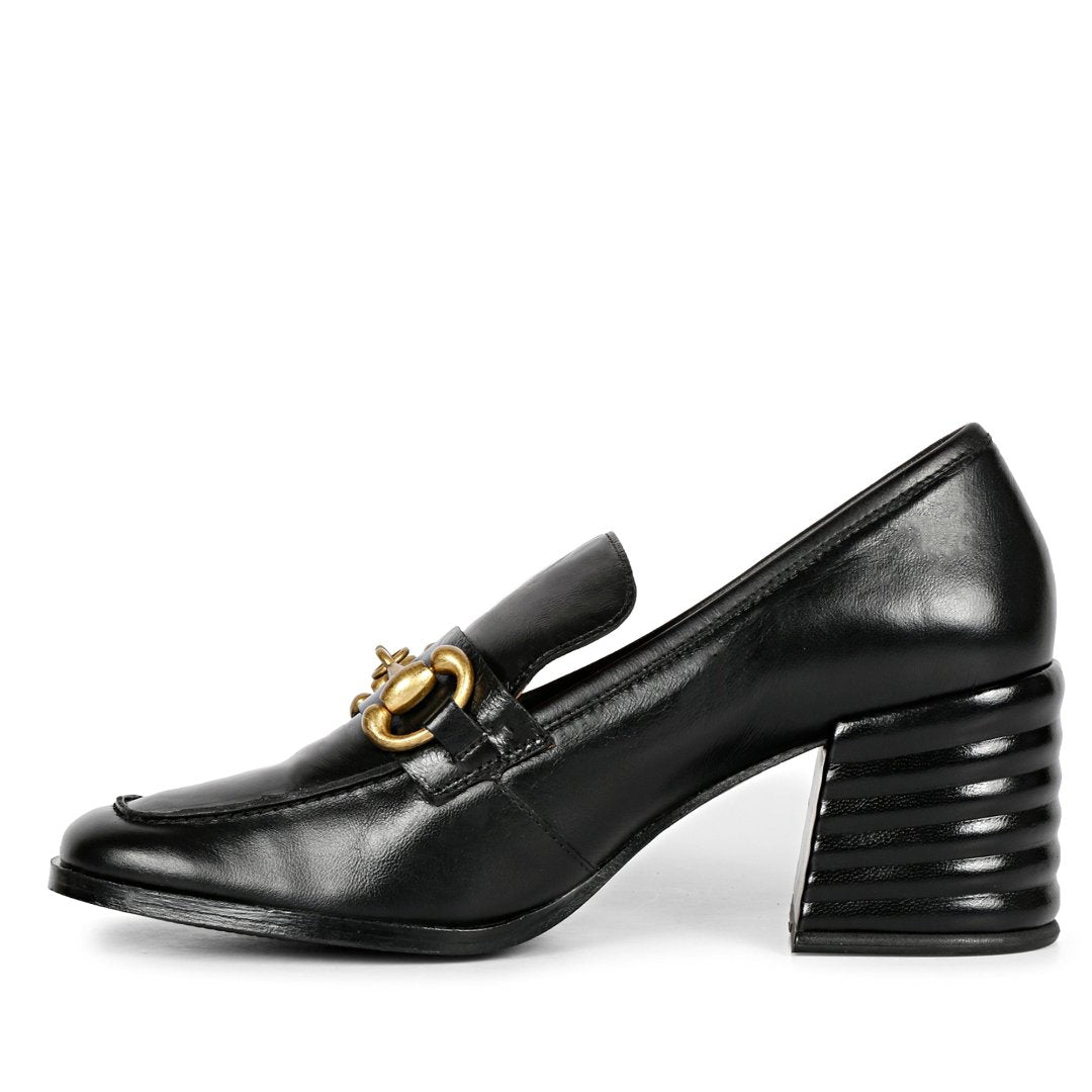 Ladies Women's Saint Valentina black leather block-heel Moccasins, alternate side view — best shoes UK