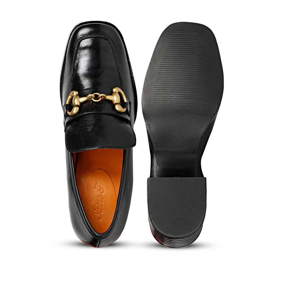 Ladies Women's Saint Valentina black leather block-heel Moccasins, sole and top view — best shoes UK