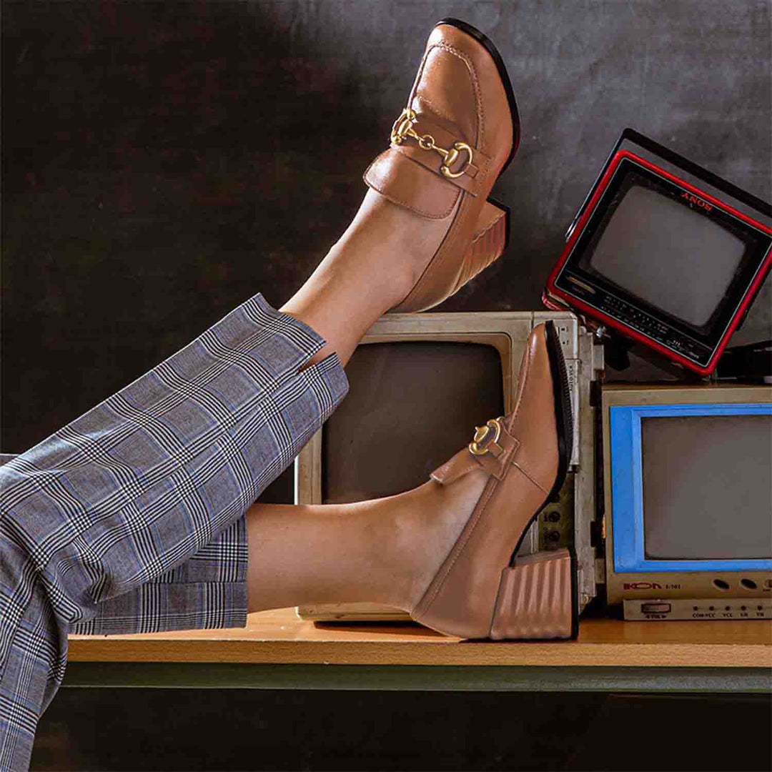 Ladies cognac leather horsebit loafer pumps, styled lifestyle shot, UK