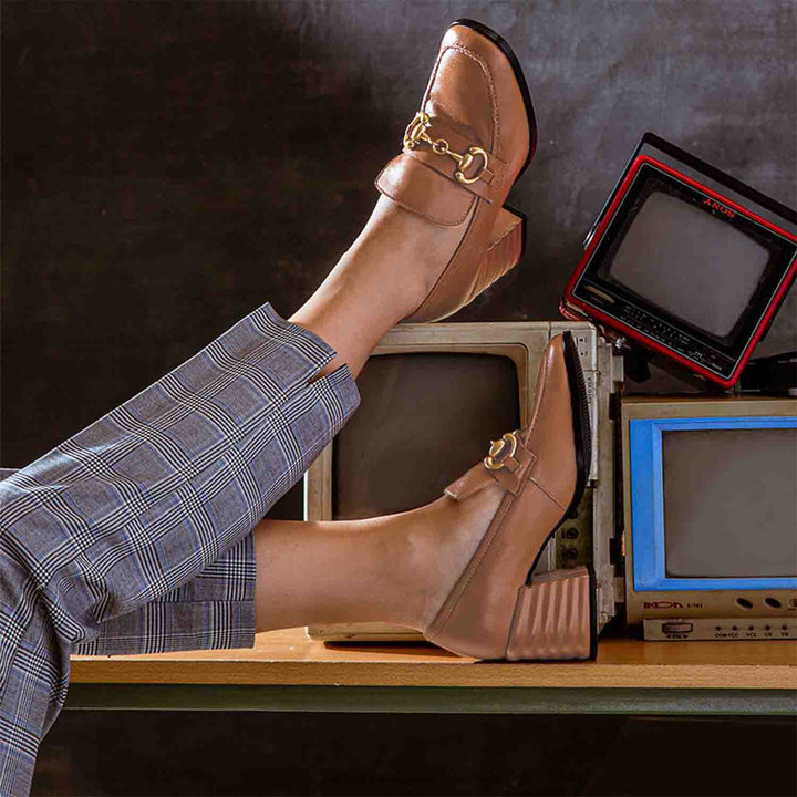 Ladies cognac leather horsebit loafer pumps, styled lifestyle shot, UK