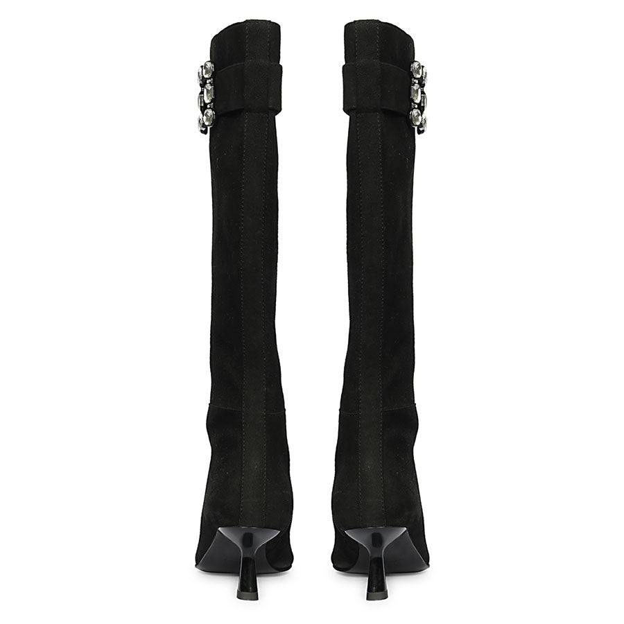 Saint Valeria black suede knee high boots, back pair view showing kitten heel