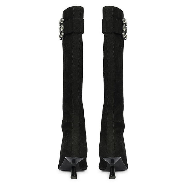 Saint Valeria black suede knee high boots, back pair view showing kitten heel