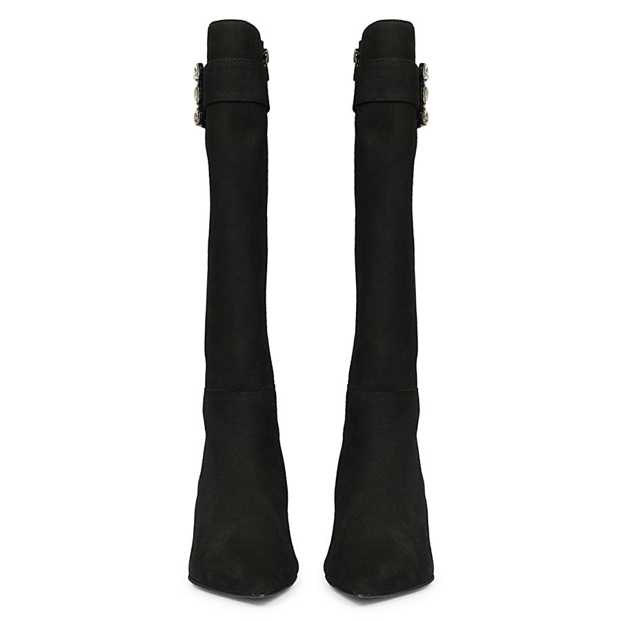 Women's black suede knee high boots, front pair view of crystal buckle strap