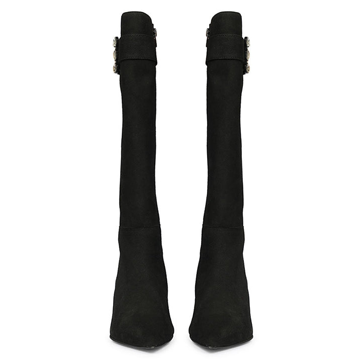 Women's black suede knee high boots, front pair view of crystal buckle strap