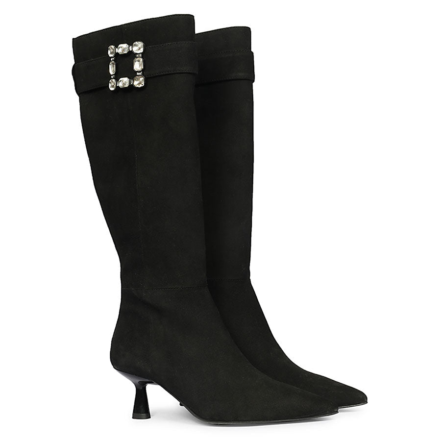 Black suede knee high boots for women UK, pair view showing crystal buckle detail
