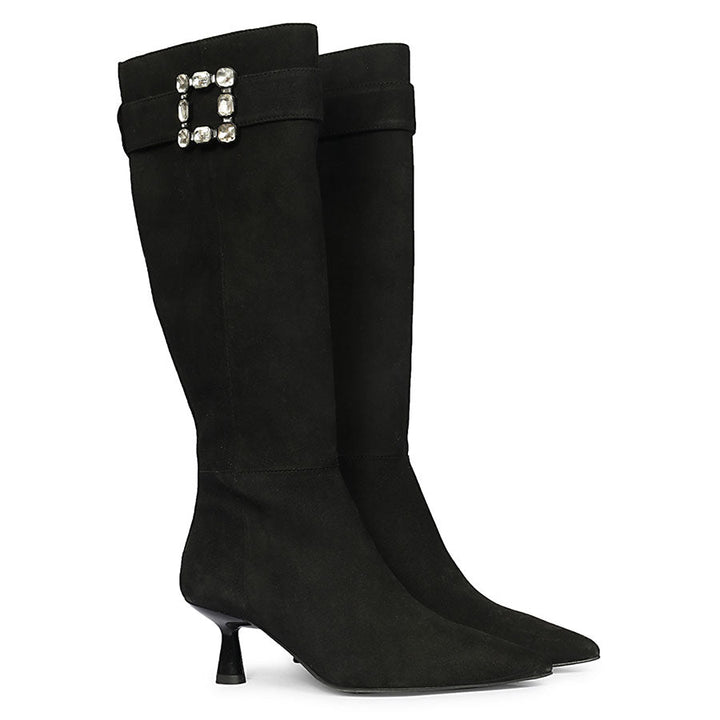 Black suede knee high boots for women UK, pair view showing crystal buckle detail