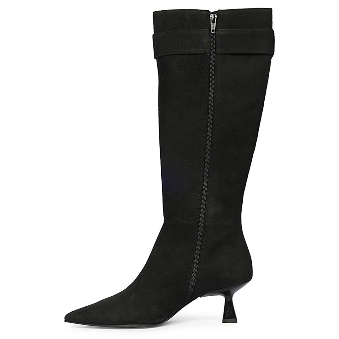 Saint Valeria black suede knee high boots, side view showing zip closure