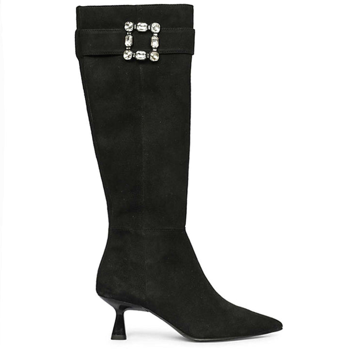 Saint Valeria black suede knee high boots for women with crystal buckle strap, side view