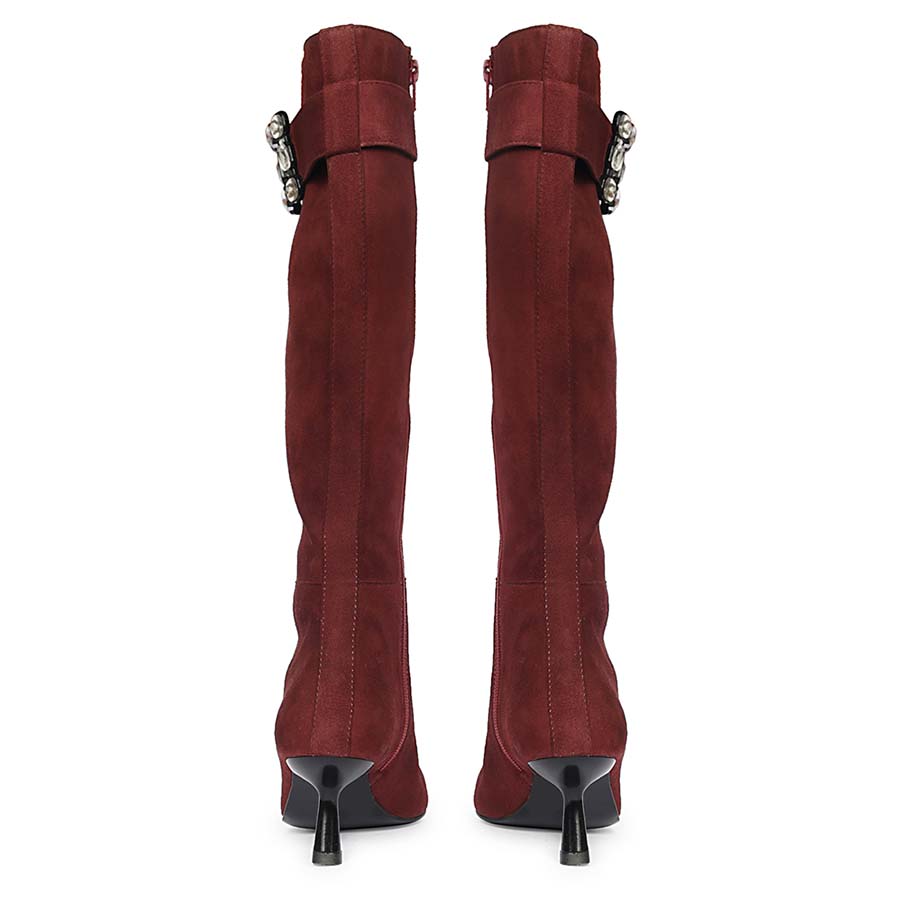 Saint Valeria bordo suede knee high boots, back pair view showing kitten heel