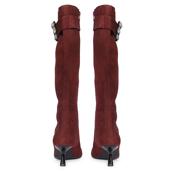 Saint Valeria bordo suede knee high boots, back pair view showing kitten heel