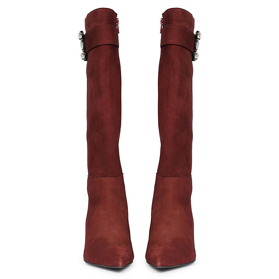 Women's bordo suede knee high boots, front pair view of crystal buckle strap
