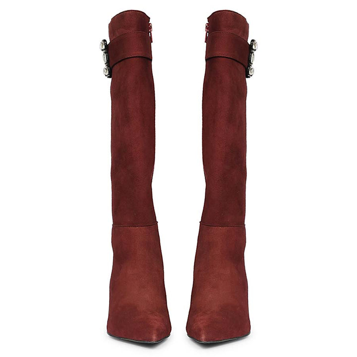 Women's bordo suede knee high boots, front pair view of crystal buckle strap