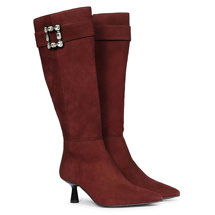 Suede knee high boots for women UK in bordo, pair view showing crystal buckle detail