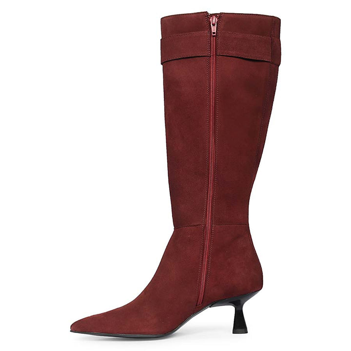 Saint Valeria bordo suede knee high boots, side view showing zip closure