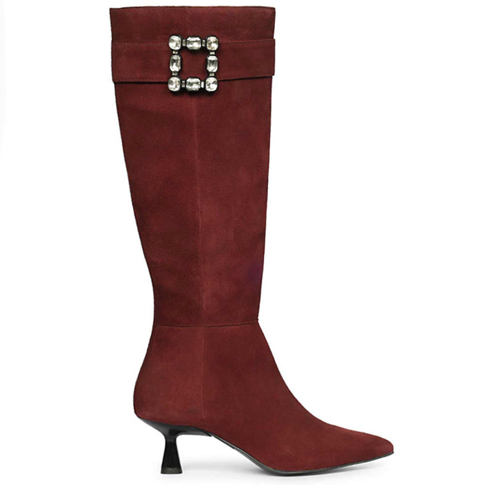 Saint Valeria bordo suede knee high boots for women with crystal buckle strap, side view