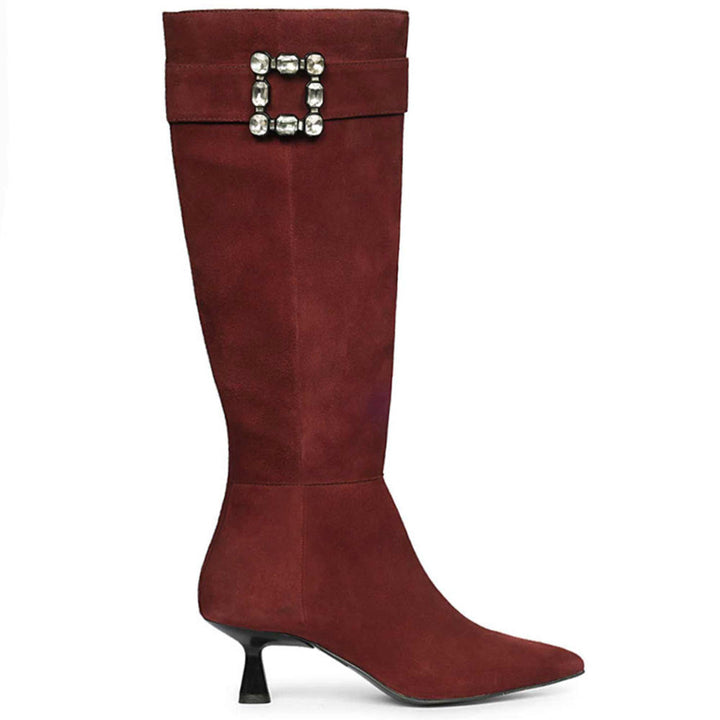 Saint Valeria bordo suede knee high boots for women with crystal buckle strap, side view