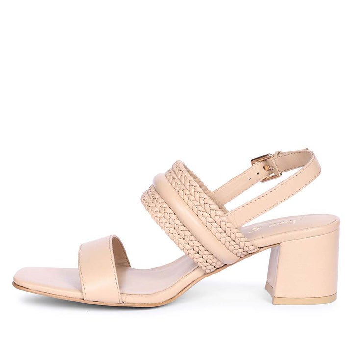 Saint Valeria nude woven leather low block heel sandals, angled view