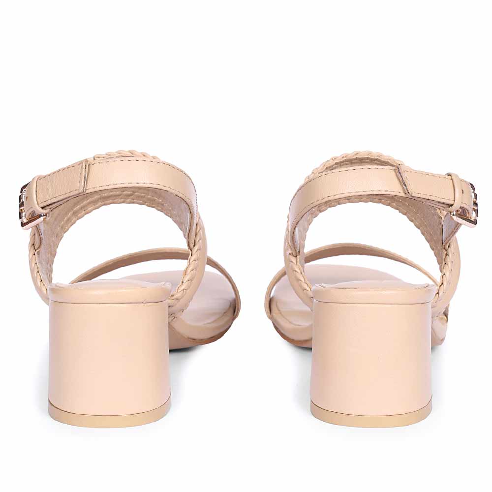 Saint Valeria nude woven low block heel slingback sandals, back view with buckle