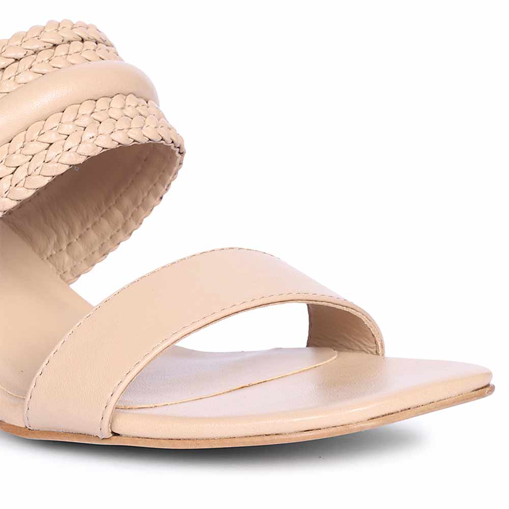 Close-up of woven strap on Saint Valeria nude leather low block heel sandals