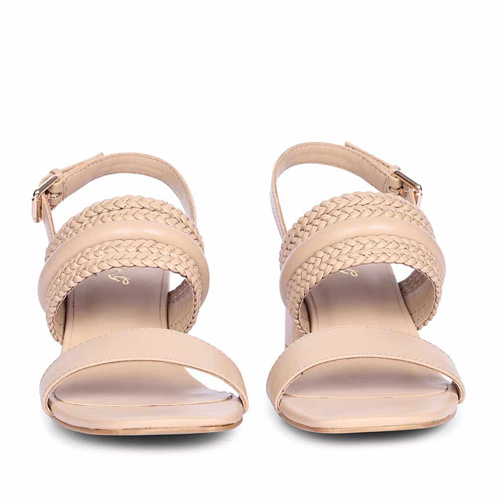 Saint Valeria nude leather low block heel sandals, front view of woven straps