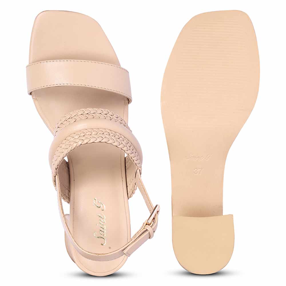 Saint Valeria nude leather low block heel sandals, top-down view