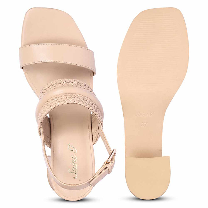 Saint Valeria nude leather low block heel sandals, top-down view
