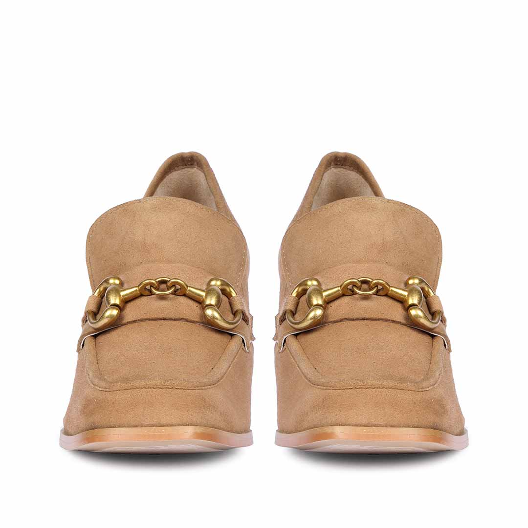 Best Ladies Camel Suede Horsebit Pumps, Back Heel View — Women's Shoes UK