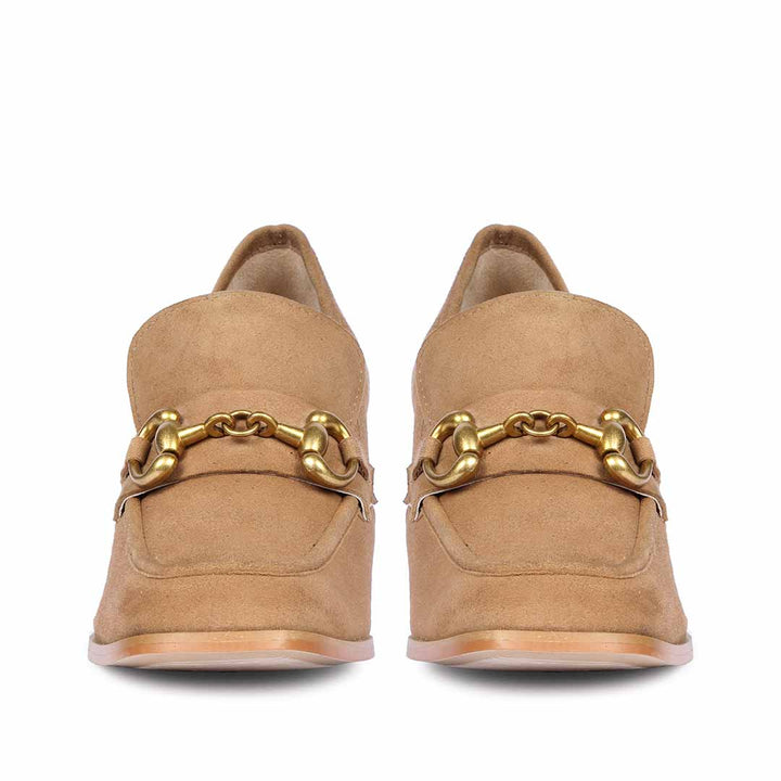 Best Ladies Camel Suede Horsebit Pumps, Back Heel View — Women's Shoes UK