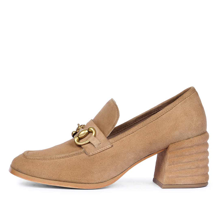 Women's Tan Suede Loafer Pumps, Pair Front View — Best Ladies Shoes UK