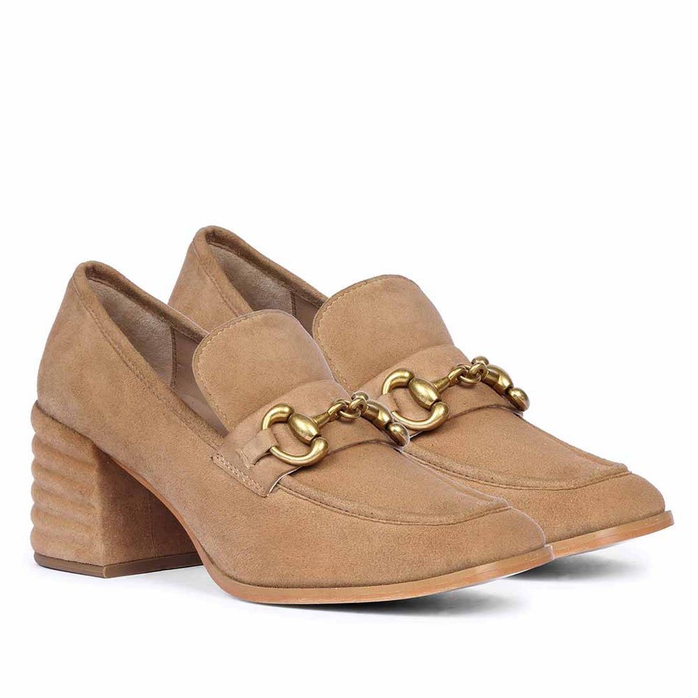 Ladies Camel Suede Horsebit Pump, Angled Side View — Women's Shoes UK