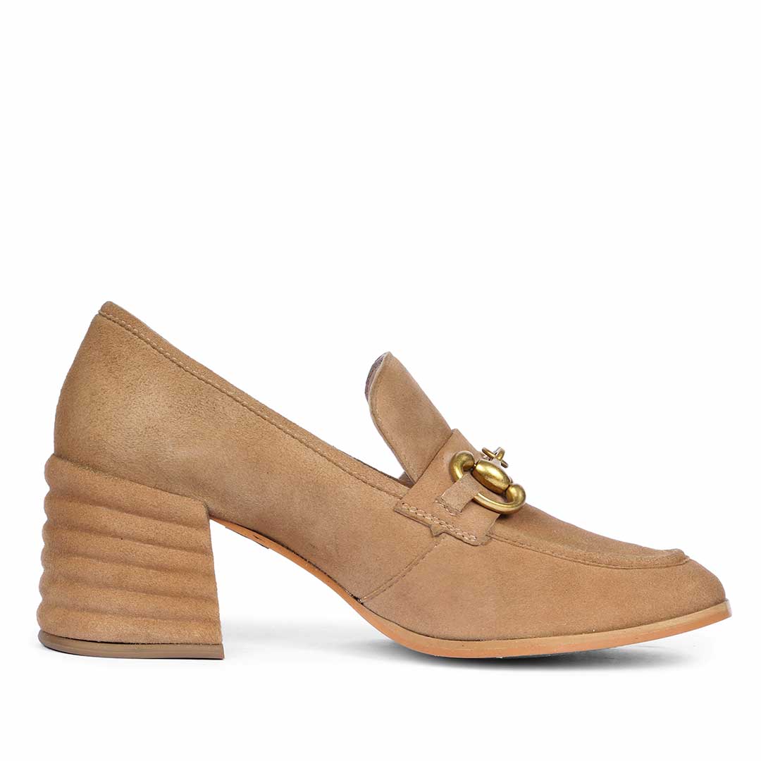 Best Women's Tan Suede Horsebit Loafer Pump, Side View, Block Heel — Ladies Shoes UK
