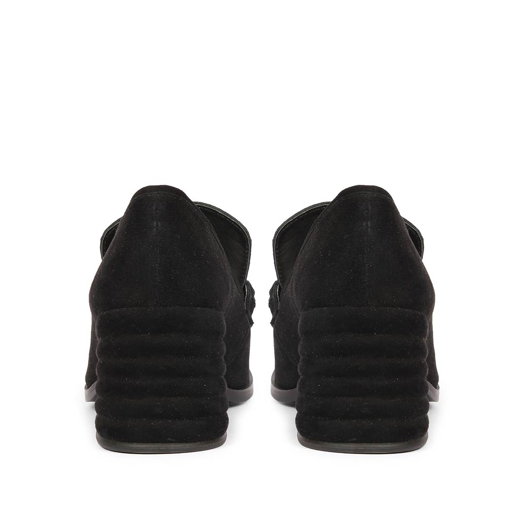 Saint Vera black suede loafers UK, back pair view showing ridged heel
