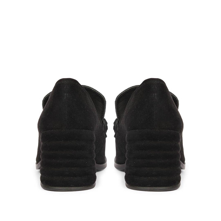 Saint Vera black suede loafers UK, back pair view showing ridged heel