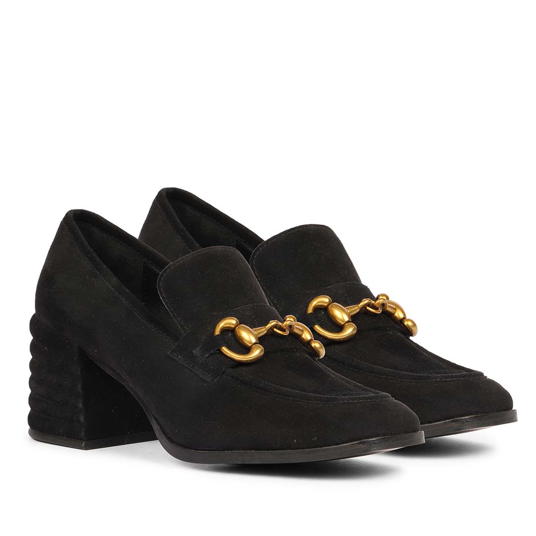 Ladies black suede gold horsebit loafers UK, Saint Vera pair angled view
