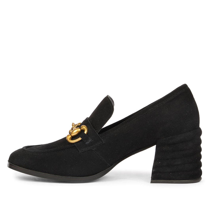 Women's black suede gold horsebit loafers UK, alternate side view