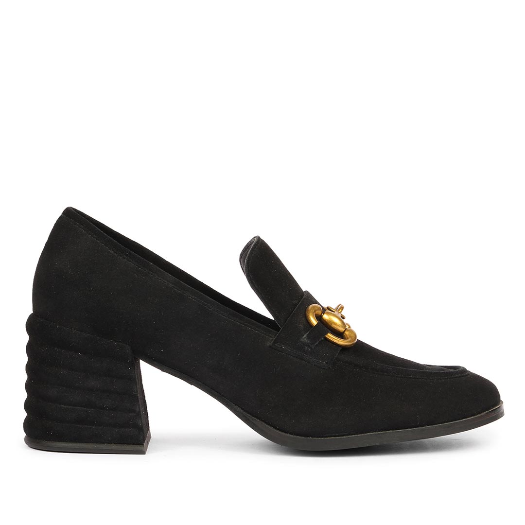 Best black suede gold horsebit loafers for women UK, Saint Vera side view