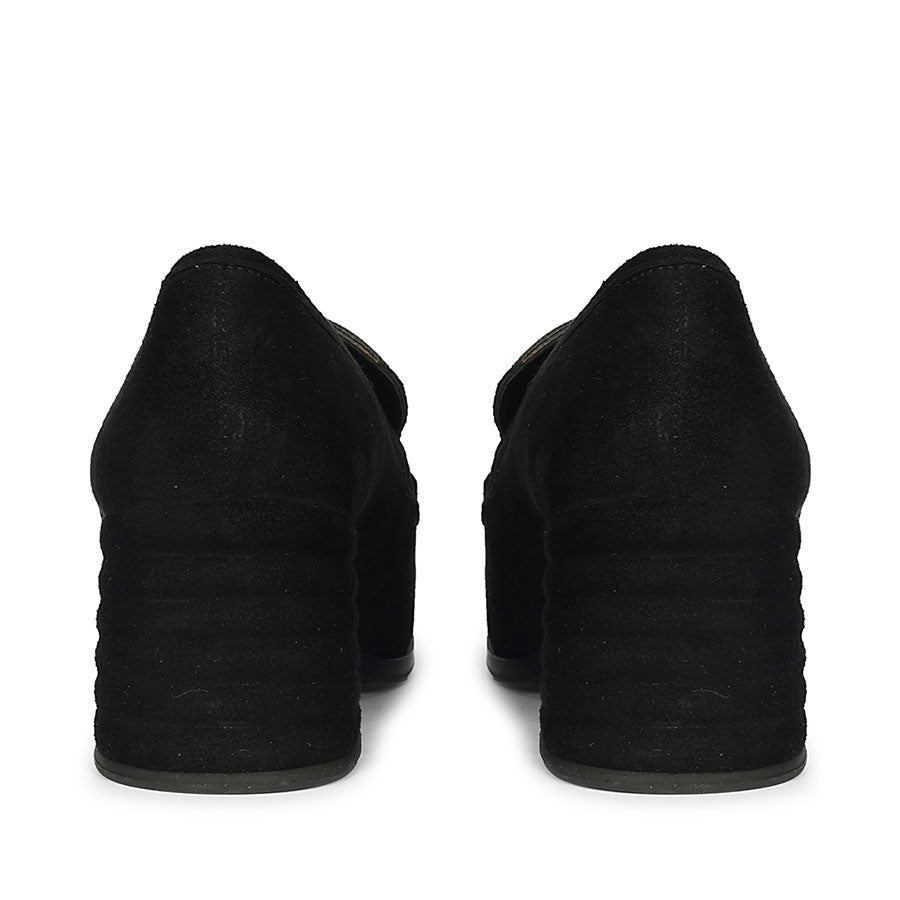 Best black suede horsebit loafer pumps, back heel view, UK