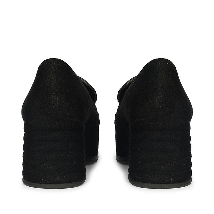 Best black suede horsebit loafer pumps, back heel view, UK