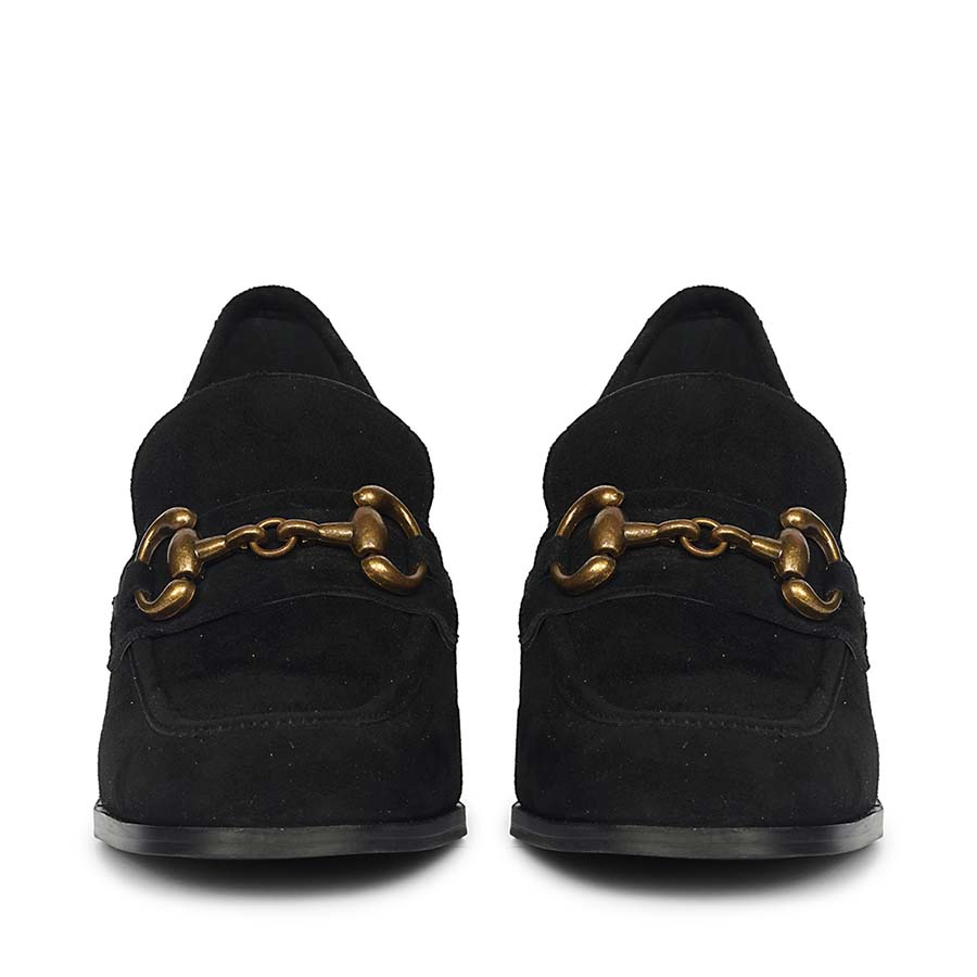 Best Ladies black suede horsebit loafers for women, front pair view, UK
