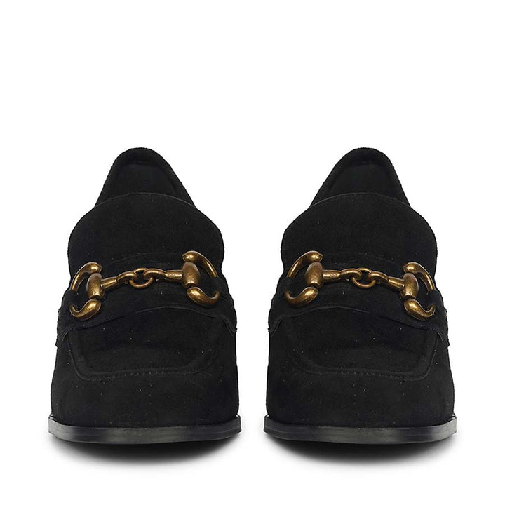 Best Ladies black suede horsebit loafers for women, front pair view, UK