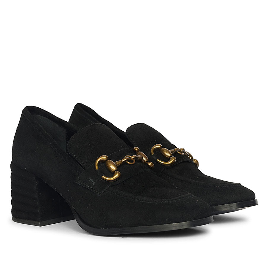 Ladies black suede gold horsebit loafer pumps, pair view, UK