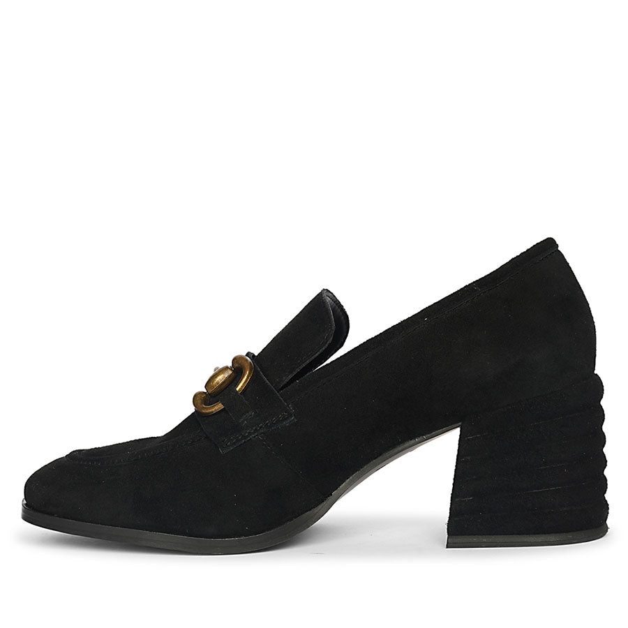 Women's black suede gold horsebit loafer pumps, mirrored side profile, UK