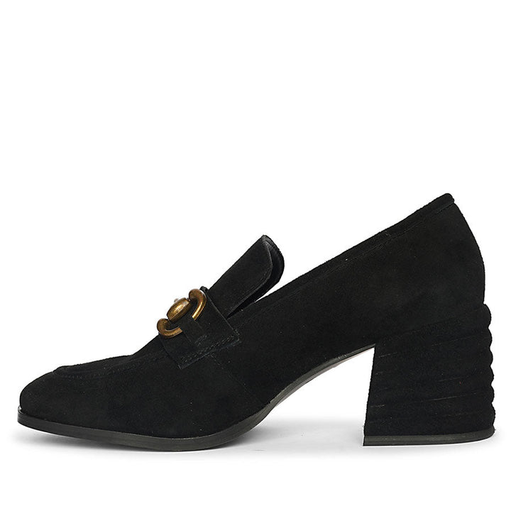 Women's black suede gold horsebit loafer pumps, mirrored side profile, UK