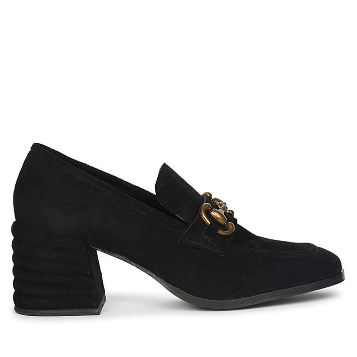 Best Women's black suede horsebit loafer pumps, side view, UK