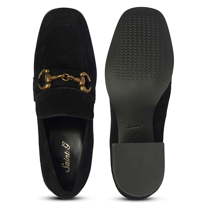 Ladies best black suede gold horsebit loafers, top and sole view, UK