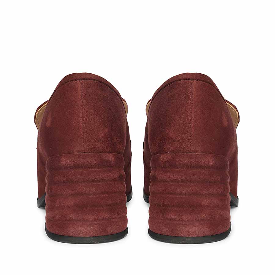 Best burgundy block heel loafers for women UK, back pair view showing ridged heel