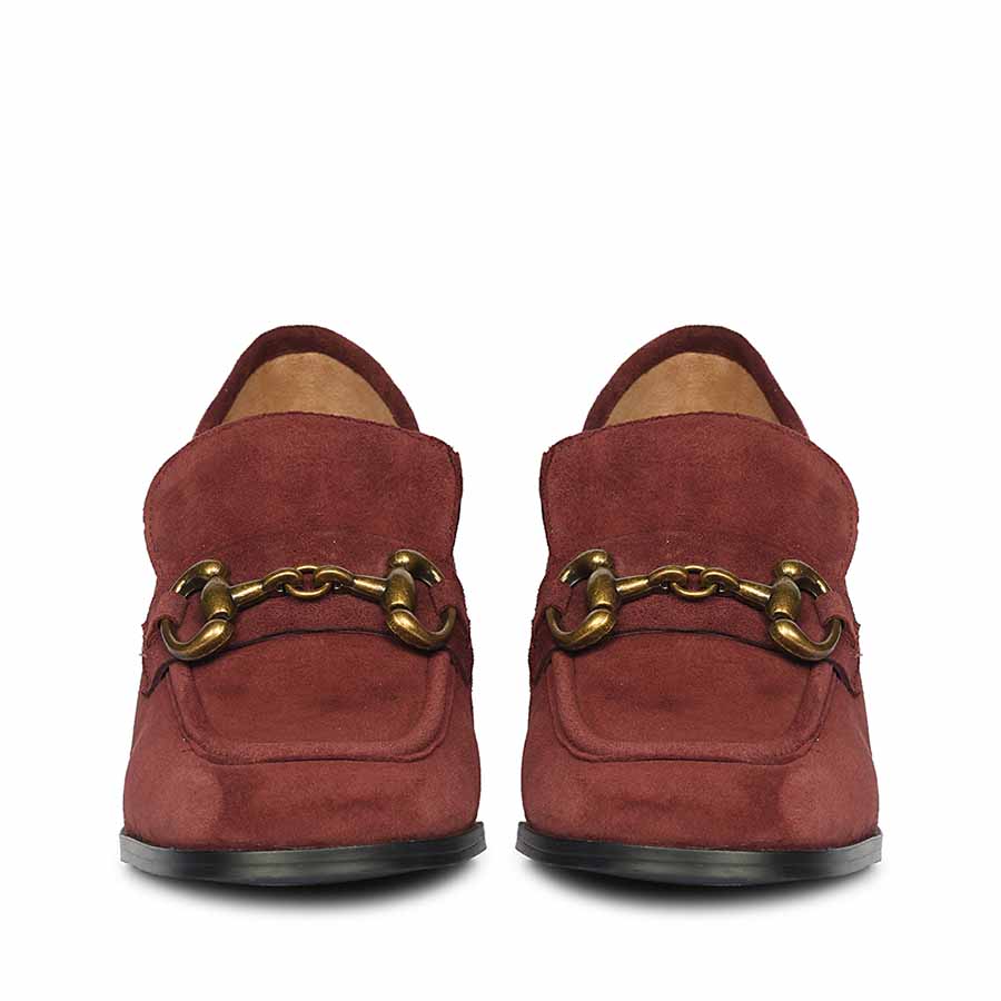 Women's burgundy gold horsebit block heel loafers UK, Saint Vera front pair view